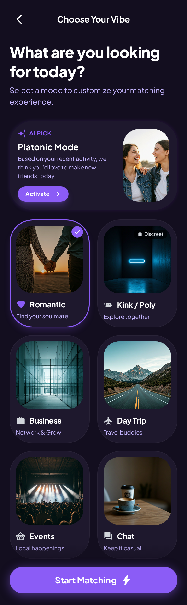 Mintz Match choose your vibe screen preview